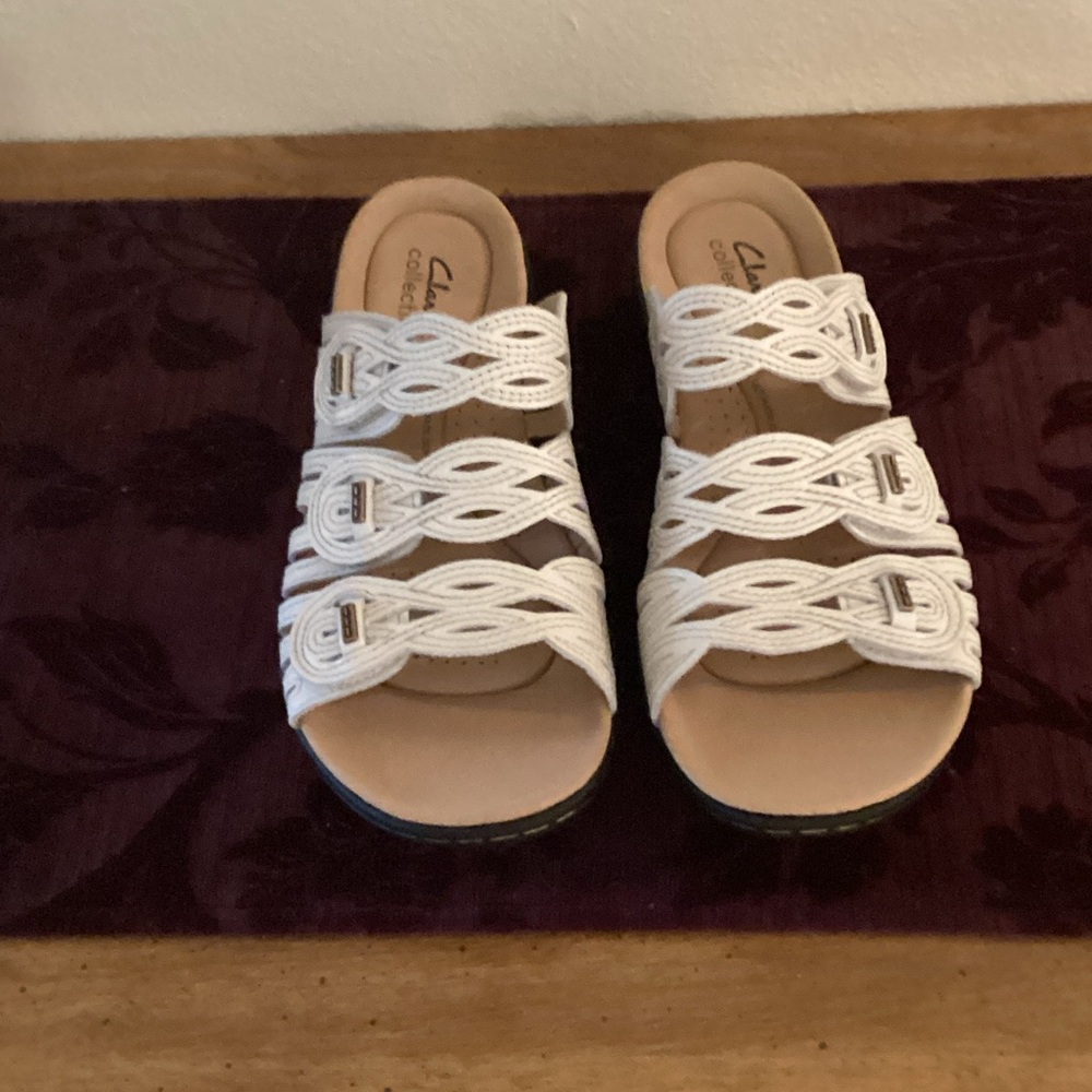 Clarks White Braided Slip-On Mules